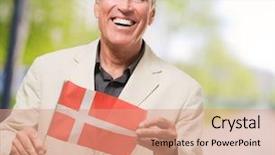  Presentation with denmark - PPT layouts enhanced with happy businessman holding denmark flag background and a coral colored foreground