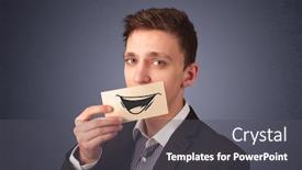  Presentation with funny - Beautiful PPT layouts featuring happy-businessman-holding-funny-white backdrop and a dark gray colored foreground