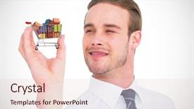  Presentation with gifts - Slide deck enhanced with happy businessman holding his hand up against trolley full of gifts background and a lemonade colored foreground