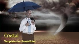  Presentation with tornado - Presentation theme enhanced with happy businessman holding umbrella against stormy sky with tornado over field background and a tawny brown colored foreground