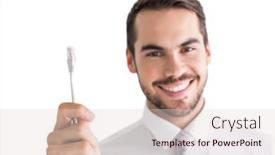  Presentation with cable - PPT theme consisting of happy businessman holding white cable on white background background and a lemonade colored foreground