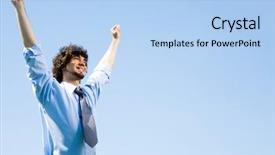  Presentation with kids jumping and lifting hand - Beautiful presentation theme featuring happy businessman lifting up hands backdrop and a light blue colored foreground