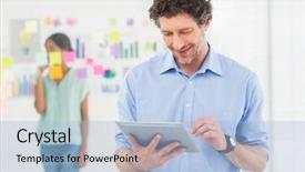  Presentation with camera - Cool new PPT theme with happy businessman looking at camera with colleague behind in the office backdrop and a light blue colored foreground