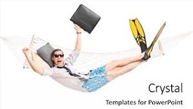  Presentation with joy - Slide set featuring happy businessman lying in a hammock and gesturing joy with his hands isolated on white background background and a pink colored foreground