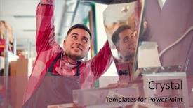  Presentation with next - Slide set having happy businessman next to apparatus background and a coral colored foreground