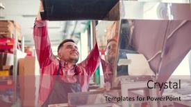  Presentation with next - Slide deck having happy businessman next to apparatus background and a  colored foreground