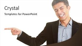  Presentation with forefinger - PPT theme having finger tip - happy businessman pointing background and a white colored foreground