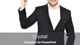  Presentation with points - Presentation design consisting of happy businessman points his finger up in black suit isolated on white background and a dark gray colored foreground