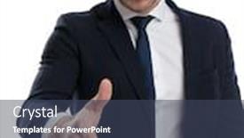  Presentation with hand shake - Presentation theme with happy-businessman-reaching background and a ocean colored foreground