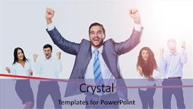  Presentation with prize - Colorful PPT layouts enhanced with happy businessman running through finishing backdrop and a coral colored foreground