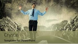  Presentation with shares - Cool new slides with happy businessman running with hands up against stocks and shares backdrop and a coral colored foreground