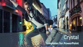  Presentation with street - Cool new slides with happy businessman running on a rainy street backdrop and a ocean colored foreground