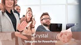  Presentation with business partner - Cool new slides with happy-businessman-shaking-hands backdrop and a coral colored foreground