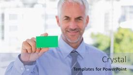  Presentation with green office - Beautiful slide deck featuring happy businessman showing green business card in his office backdrop and a light blue colored foreground