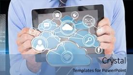  Presentation with hologram - Theme featuring happy businessman showing his tablet background and a teal colored foreground