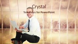  Presentation with laptop - Colorful slides enhanced with happy businessman sitting and using laptop against room with large window looking on city backdrop and a lemonade colored foreground
