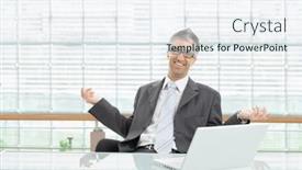  Presentation with business office desk - Theme consisting of happy-businessman-sitting-at-desk background and a sky blue colored foreground