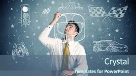  Presentation with race car - Beautiful PPT layouts featuring happy businessman sitting at desk and drawing race car flag helmet around himself with a white chalk concept backdrop and a ocean colored foreground