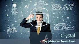  Presentation with race car - Amazing slide set having happy businessman sitting at desk and drawing race car flag helmet around himself with a white chalk concept backdrop and a ocean colored foreground