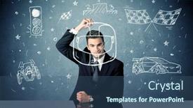  Presentation with race car - Amazing slide deck having drawing race car flag backdrop and a ocean colored foreground