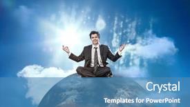  Presentation with cross - Amazing PPT theme having happy businessman sitting cross legged backdrop and a teal colored foreground