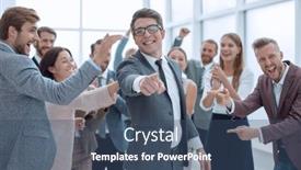  Presentation with team - Presentation theme having happy-businessman-standing-in-front background and a ocean colored foreground