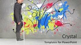  Presentation with businessman standing on maze - Slides with happy businessman standing on ladder background and a light gray colored foreground