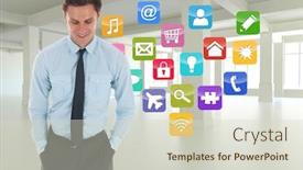  Presentation with shining light - Slide deck with happy businessman standing with hands in pockets against light shining into dark room background and a soft green colored foreground