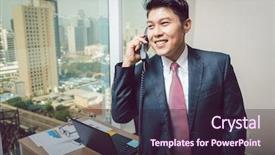  Presentation with coque de telephone - Slide deck enhanced with happy businessman talking on telephone background and a  colored foreground
