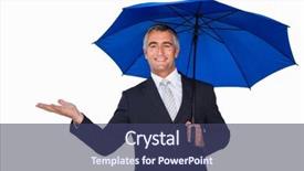  Presentation with under umbrella - PPT theme featuring happy businessman under umbrella with hand out on white background background and a ocean colored foreground