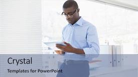  Presentation with tablets wood table tablet white - Cool new PPT theme with happy businessman using his tablet backdrop and a seafoam green colored foreground