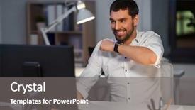  Presentation with office management - PPT layouts featuring happy businessman using voice command background and a gray colored foreground