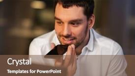  Presentation with recorder - Colorful slide deck enhanced with happy businessman using voice command backdrop and a tawny brown colored foreground