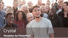  Presentation with group - Presentation design enhanced with happy-businessman-with-a-group background and a dark gray colored foreground