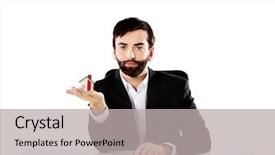  Presentation with house - Slides with happy businessman with a house background and a light gray colored foreground