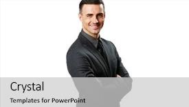  Presentation with business intelligence white robotic arm - Cool new PPT layouts with happy businessman with arms folded backdrop and a light gray colored foreground