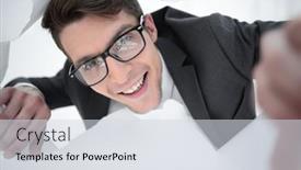  Presentation with glasses - Presentation design featuring happy-businessman-with-glasses-looking background and a sky blue colored foreground