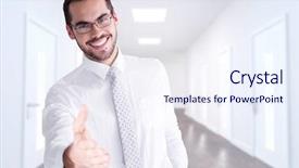  Presentation with aluminum sliding glass doors - Presentation theme with happy businessman with glasses offering handshake against bright hallway with several doors background and a sky blue colored foreground