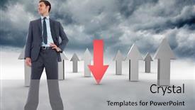  Presentation with hip - Presentation design having happy businessman with hand on hip against red and grey arrows against sky background and a light gray colored foreground