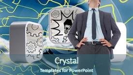  Presentation with blue line - PPT layouts enhanced with happy businessman with hands on hips against abstract yellow line design on blue sky background and a ocean colored foreground