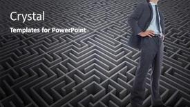  Presentation with maze - PPT theme with happy businessman with hands on hips against difficult maze puzzle background and a dark gray colored foreground
