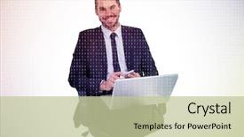  Presentation with server room - Audience pleasing slide set consisting of happy businessman with laptop using smartphone against digitally generated server room with towers backdrop and a mint green colored foreground