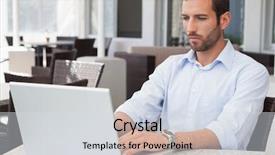  Presentation with outdoor patio - Audience pleasing slide set consisting of happy businessman working on laptop at table in outdoor patio of restaurant backdrop and a sky blue colored foreground