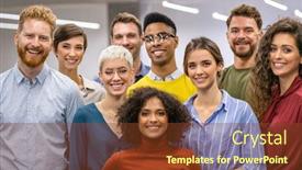  Presentation with creative - Colorful presentation enhanced with happy-businessmen-and-satisfied-businesswomen backdrop and a tawny brown colored foreground