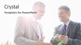  Presentation with outdoors - Beautiful presentation theme featuring happy businessmen discussing over mobile phone outdoors backdrop and a white colored foreground