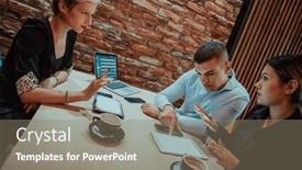  Presentation with multicultural - PPT theme enhanced with happy-businesspeople-smiling-cheerfully-during background and a gray colored foreground