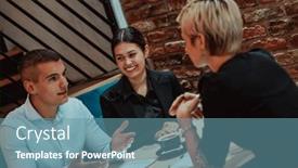  Presentation with multicultural - Presentation design featuring happy-businesspeople-smiling-cheerfully-during background and a  colored foreground