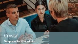  Presentation with multicultural - Presentation design with happy-businesspeople-smiling-cheerfully-during background and a seafoam green colored foreground