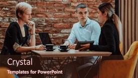  Presentation with multicultural - Slides featuring happy-businesspeople-smiling-cheerfully-during background and a wine colored foreground