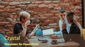  Presentation with multicultural - Slide deck having happy-businesspeople-smiling-cheerfully-during background and a tawny brown colored foreground